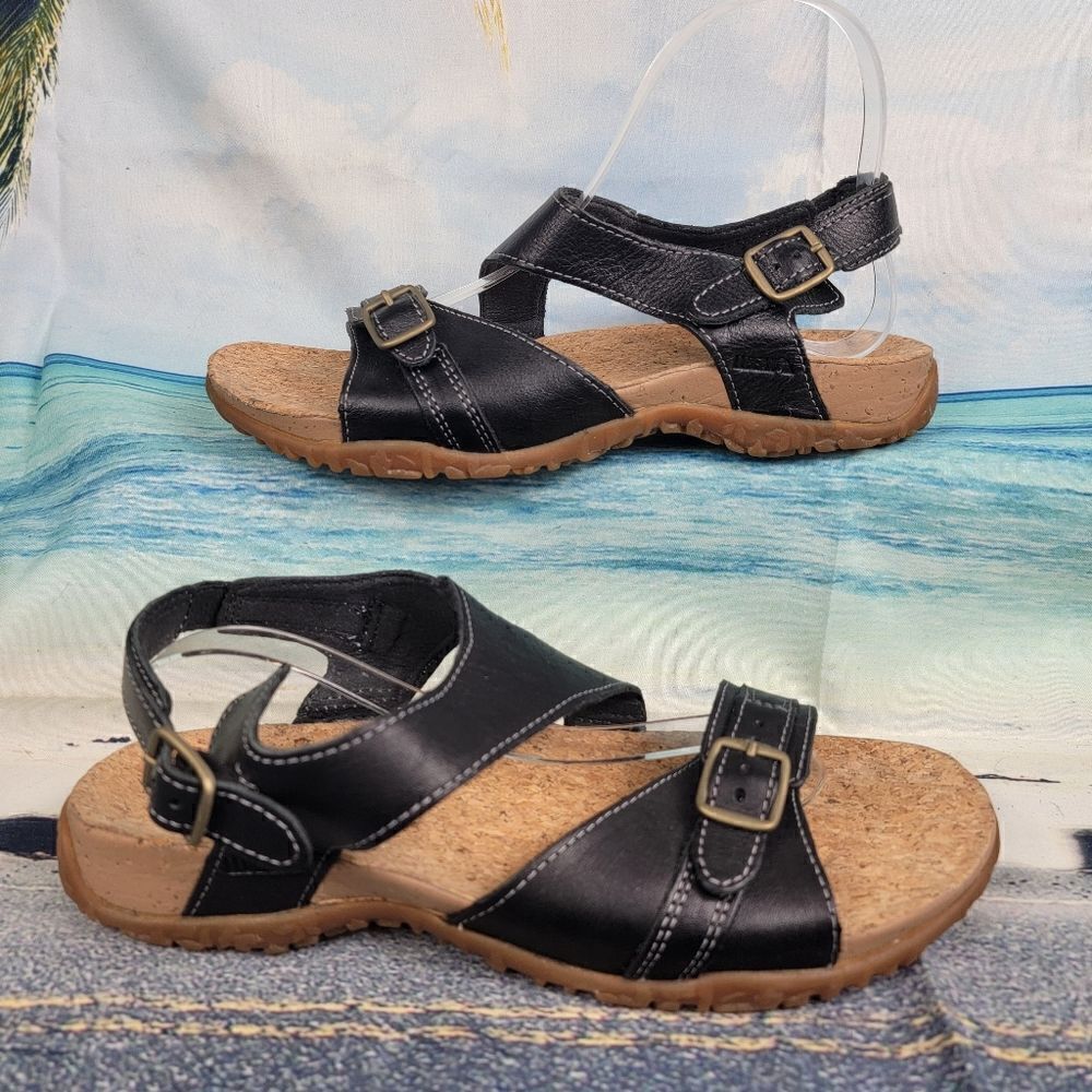LL Bean Black Leather Buckle Straps Cork Rubber Sandals Woman’s 9M